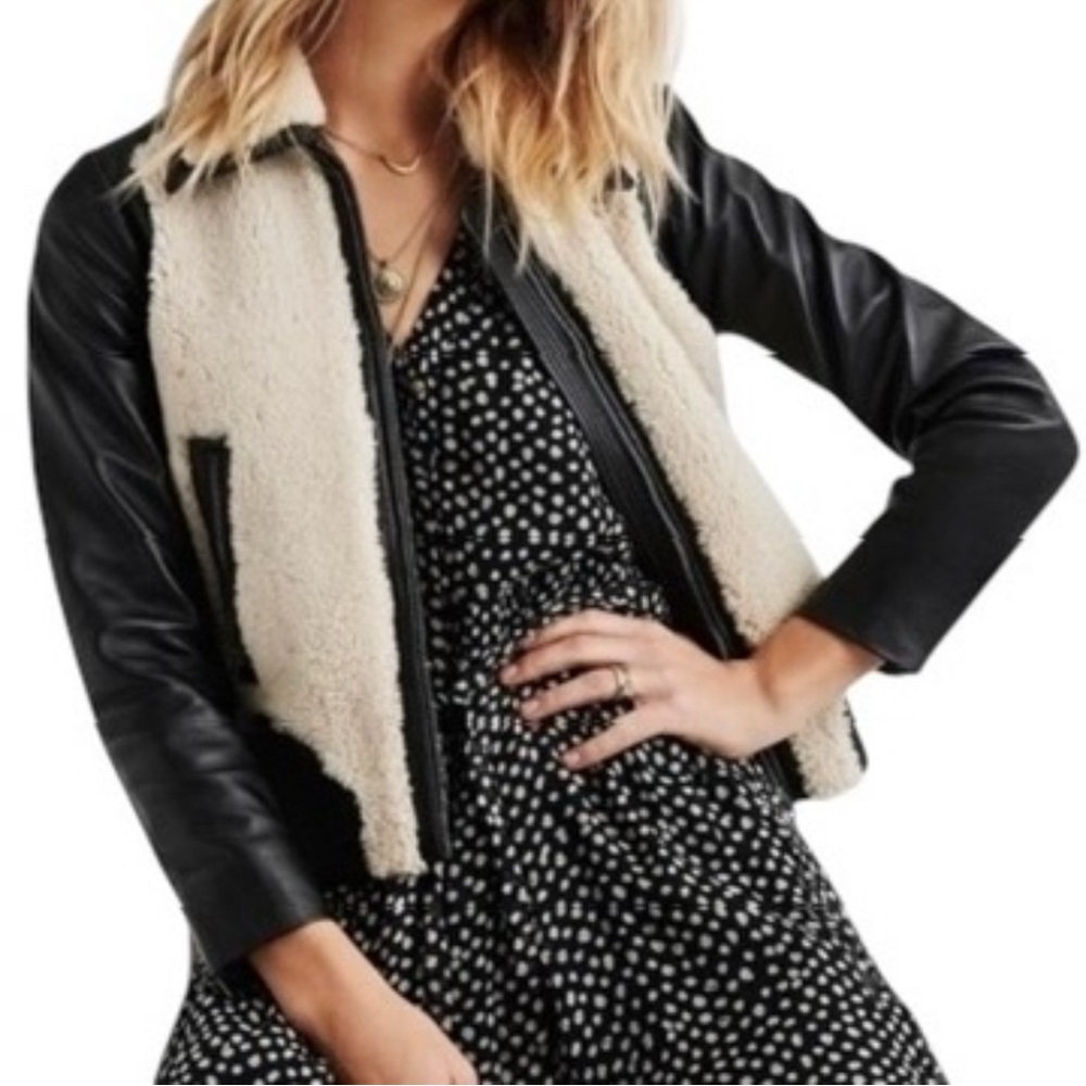 Lucky Brand Lamb Leather & Sherpa Collared Full-Zip Bomber Jacket, Size S